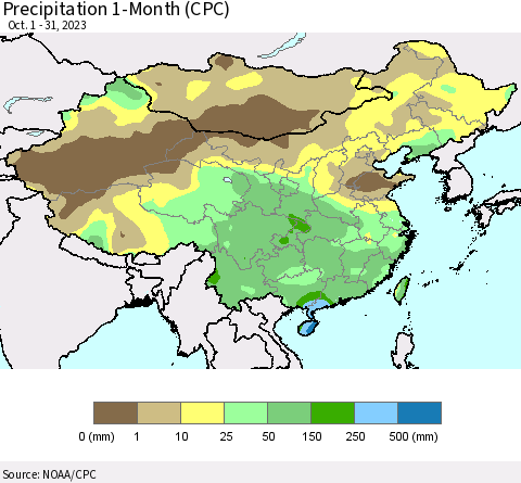 China, Mongolia and Taiwan Precipitation 1-Month (CPC) Thematic Map For 10/1/2023 - 10/31/2023