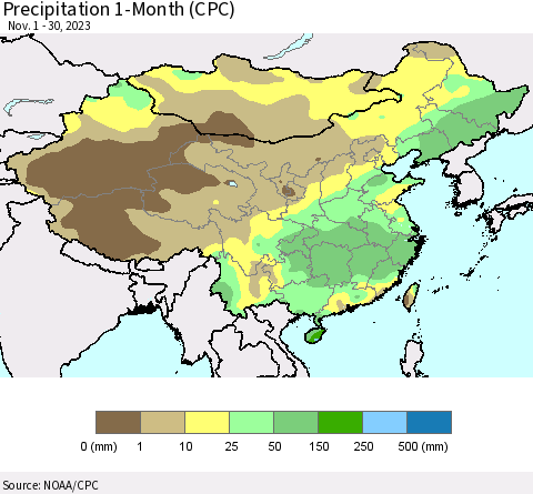 China, Mongolia and Taiwan Precipitation 1-Month (CPC) Thematic Map For 11/1/2023 - 11/30/2023