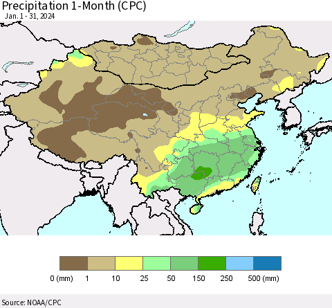 China, Mongolia and Taiwan Precipitation 1-Month (CPC) Thematic Map For 1/1/2024 - 1/31/2024