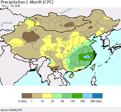 China, Mongolia and Taiwan Precipitation 1-Month (CPC) Thematic Map For 2/1/2024 - 2/29/2024