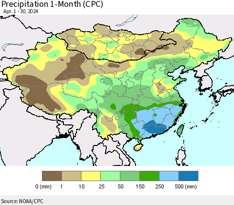 China, Mongolia and Taiwan Precipitation 1-Month (CPC) Thematic Map For 4/1/2024 - 4/30/2024