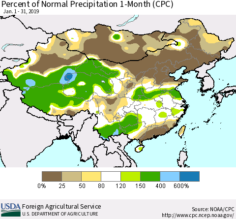 China and Taiwan Percent of Normal Precipitation 1-Month (CPC) Thematic Map For 1/1/2019 - 1/31/2019