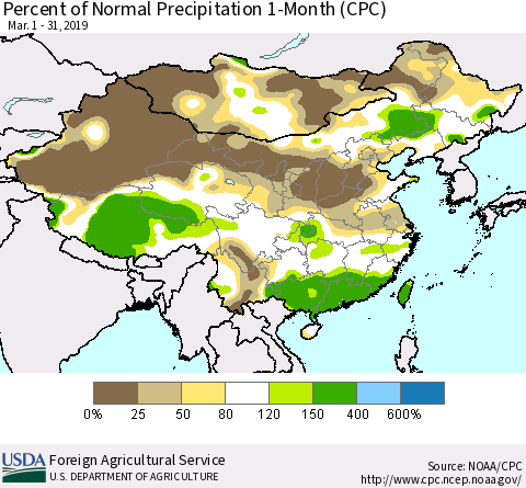 China, Mongolia and Taiwan Percent of Normal Precipitation 1-Month (CPC) Thematic Map For 3/1/2019 - 3/31/2019