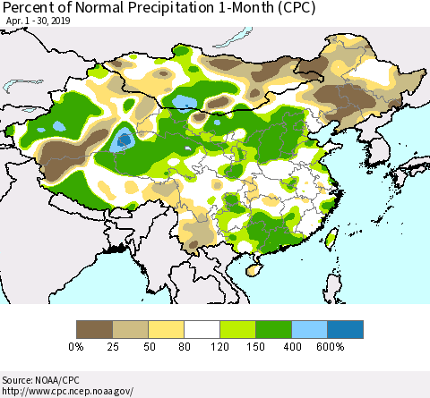 China, Mongolia and Taiwan Percent of Normal Precipitation 1-Month (CPC) Thematic Map For 4/1/2019 - 4/30/2019