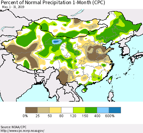 China and Taiwan Percent of Normal Precipitation 1-Month (CPC) Thematic Map For 5/1/2019 - 5/31/2019