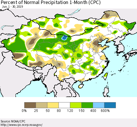 China and Taiwan Percent of Normal Precipitation 1-Month (CPC) Thematic Map For 6/1/2019 - 6/30/2019