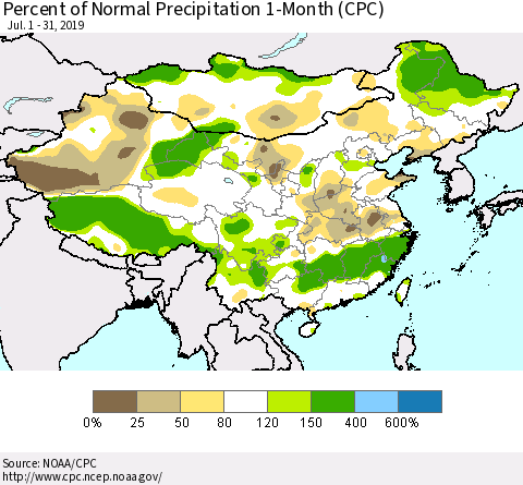 China and Taiwan Percent of Normal Precipitation 1-Month (CPC) Thematic Map For 7/1/2019 - 7/31/2019