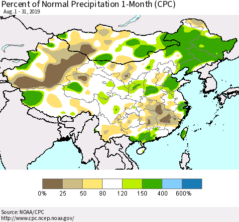 China, Mongolia and Taiwan Percent of Normal Precipitation 1-Month (CPC) Thematic Map For 8/1/2019 - 8/31/2019