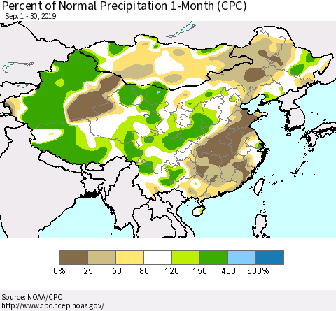 China and Taiwan Percent of Normal Precipitation 1-Month (CPC) Thematic Map For 9/1/2019 - 9/30/2019