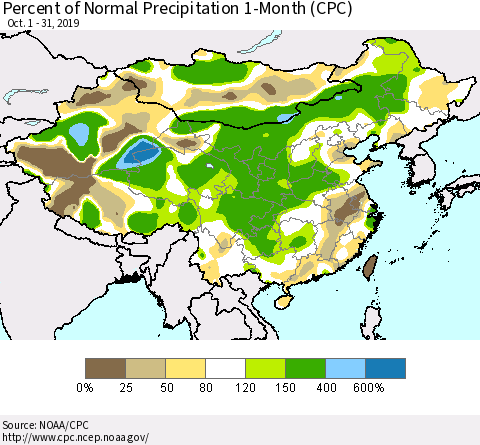 China and Taiwan Percent of Normal Precipitation 1-Month (CPC) Thematic Map For 10/1/2019 - 10/31/2019