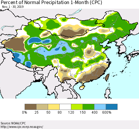 China and Taiwan Percent of Normal Precipitation 1-Month (CPC) Thematic Map For 11/1/2019 - 11/30/2019