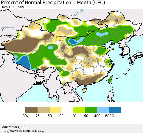 China and Taiwan Percent of Normal Precipitation 1-Month (CPC) Thematic Map For 12/1/2019 - 12/31/2019