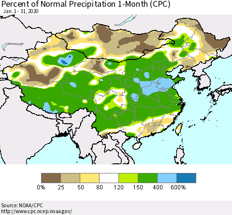 China and Taiwan Percent of Normal Precipitation 1-Month (CPC) Thematic Map For 1/1/2020 - 1/31/2020