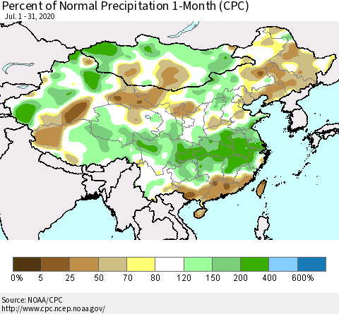 China, Mongolia and Taiwan Percent of Normal Precipitation 1-Month (CPC) Thematic Map For 7/1/2020 - 7/31/2020