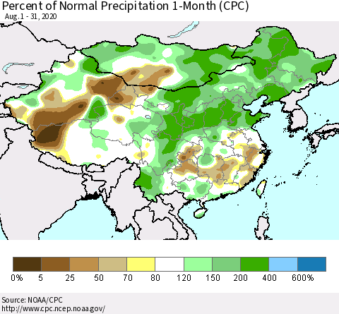 China, Mongolia and Taiwan Percent of Normal Precipitation 1-Month (CPC) Thematic Map For 8/1/2020 - 8/31/2020