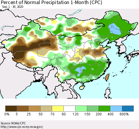 China, Mongolia and Taiwan Percent of Normal Precipitation 1-Month (CPC) Thematic Map For 9/1/2020 - 9/30/2020