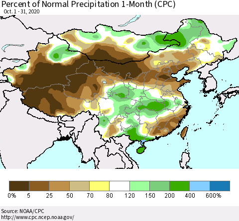 China, Mongolia and Taiwan Percent of Normal Precipitation 1-Month (CPC) Thematic Map For 10/1/2020 - 10/31/2020