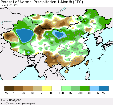 China, Mongolia and Taiwan Percent of Normal Precipitation 1-Month (CPC) Thematic Map For 3/1/2021 - 3/31/2021