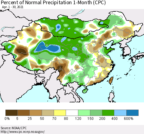 China, Mongolia and Taiwan Percent of Normal Precipitation 1-Month (CPC) Thematic Map For 4/1/2021 - 4/30/2021