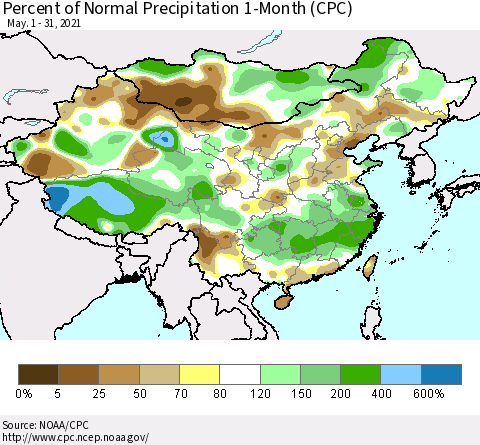 China, Mongolia and Taiwan Percent of Normal Precipitation 1-Month (CPC) Thematic Map For 5/1/2021 - 5/31/2021