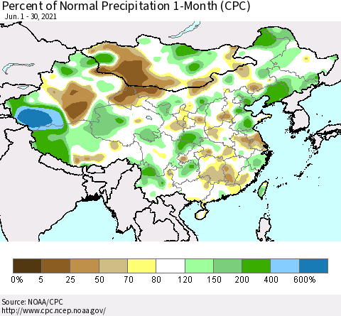 China, Mongolia and Taiwan Percent of Normal Precipitation 1-Month (CPC) Thematic Map For 6/1/2021 - 6/30/2021