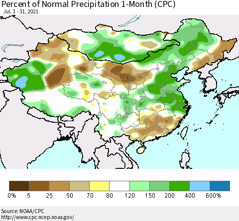China, Mongolia and Taiwan Percent of Normal Precipitation 1-Month (CPC) Thematic Map For 7/1/2021 - 7/31/2021