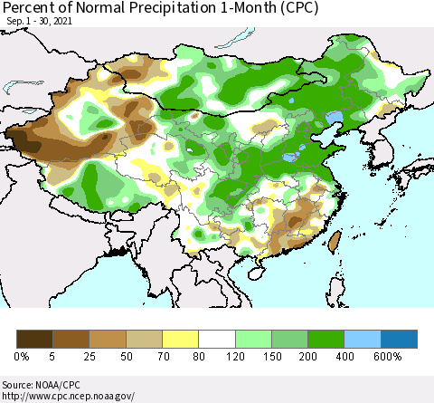 China, Mongolia and Taiwan Percent of Normal Precipitation 1-Month (CPC) Thematic Map For 9/1/2021 - 9/30/2021