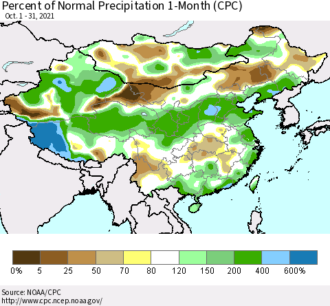 China, Mongolia and Taiwan Percent of Normal Precipitation 1-Month (CPC) Thematic Map For 10/1/2021 - 10/31/2021