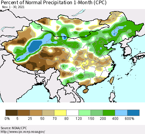 China, Mongolia and Taiwan Percent of Normal Precipitation 1-Month (CPC) Thematic Map For 11/1/2021 - 11/30/2021