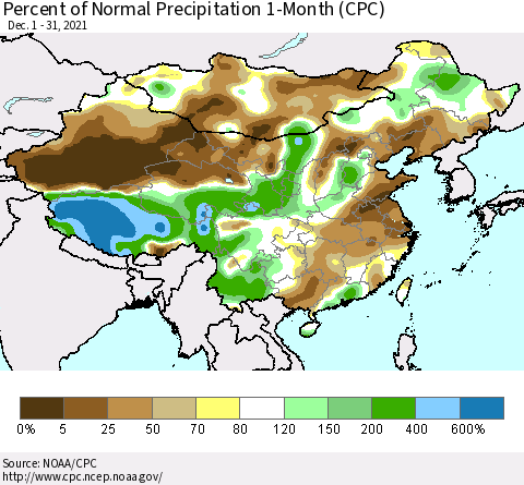 China, Mongolia and Taiwan Percent of Normal Precipitation 1-Month (CPC) Thematic Map For 12/1/2021 - 12/31/2021