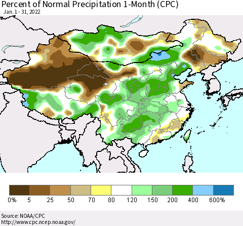 China, Mongolia and Taiwan Percent of Normal Precipitation 1-Month (CPC) Thematic Map For 1/1/2022 - 1/31/2022