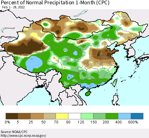 China, Mongolia and Taiwan Percent of Normal Precipitation 1-Month (CPC) Thematic Map For 2/1/2022 - 2/28/2022