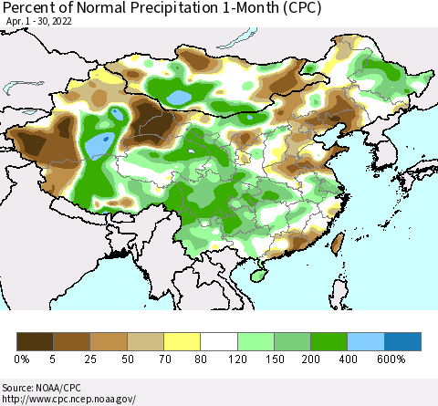China, Mongolia and Taiwan Percent of Normal Precipitation 1-Month (CPC) Thematic Map For 4/1/2022 - 4/30/2022