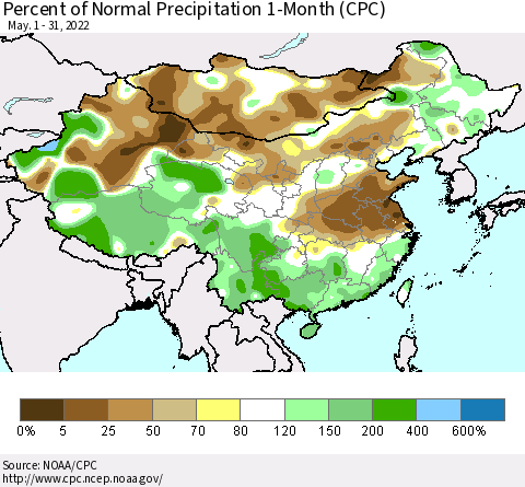 China, Mongolia and Taiwan Percent of Normal Precipitation 1-Month (CPC) Thematic Map For 5/1/2022 - 5/31/2022