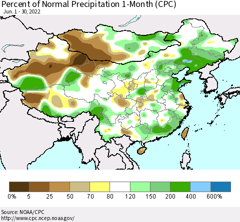 China, Mongolia and Taiwan Percent of Normal Precipitation 1-Month (CPC) Thematic Map For 6/1/2022 - 6/30/2022