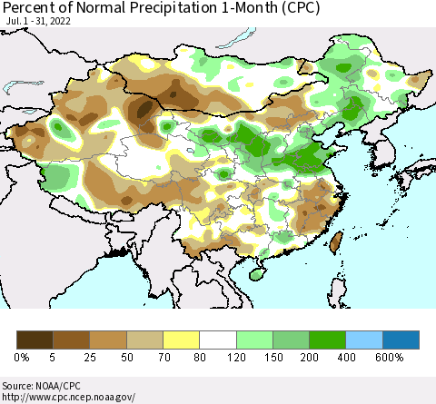 China, Mongolia and Taiwan Percent of Normal Precipitation 1-Month (CPC) Thematic Map For 7/1/2022 - 7/31/2022