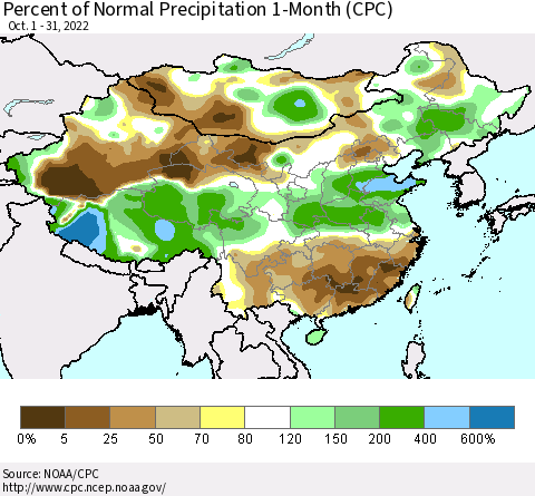 China, Mongolia and Taiwan Percent of Normal Precipitation 1-Month (CPC) Thematic Map For 10/1/2022 - 10/31/2022