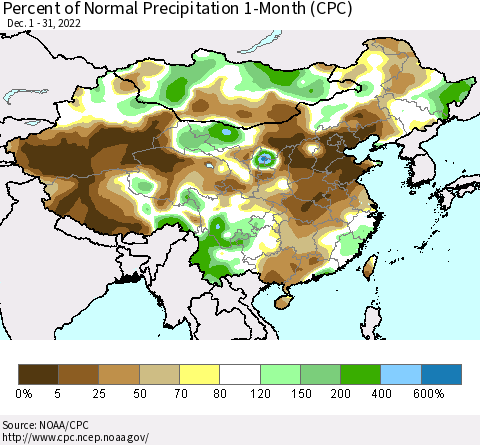 China, Mongolia and Taiwan Percent of Normal Precipitation 1-Month (CPC) Thematic Map For 12/1/2022 - 12/31/2022