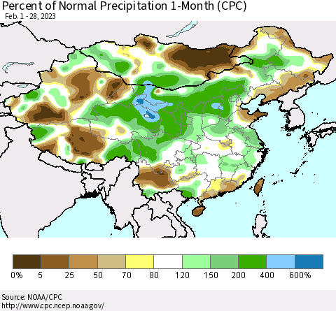 China, Mongolia and Taiwan Percent of Normal Precipitation 1-Month (CPC) Thematic Map For 2/1/2023 - 2/28/2023