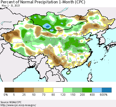 China, Mongolia and Taiwan Percent of Normal Precipitation 1-Month (CPC) Thematic Map For 5/1/2023 - 5/31/2023