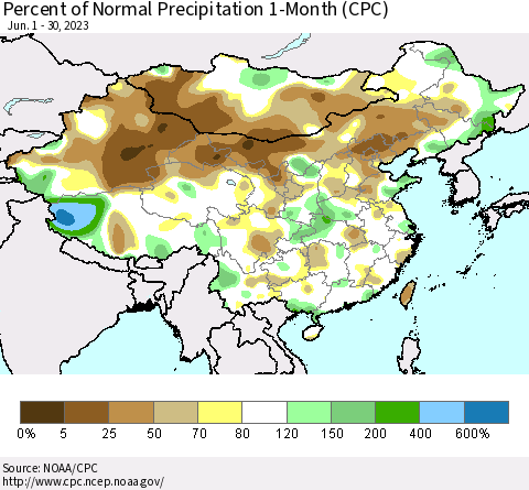 China, Mongolia and Taiwan Percent of Normal Precipitation 1-Month (CPC) Thematic Map For 6/1/2023 - 6/30/2023