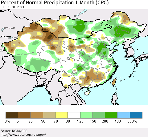 China, Mongolia and Taiwan Percent of Normal Precipitation 1-Month (CPC) Thematic Map For 7/1/2023 - 7/31/2023