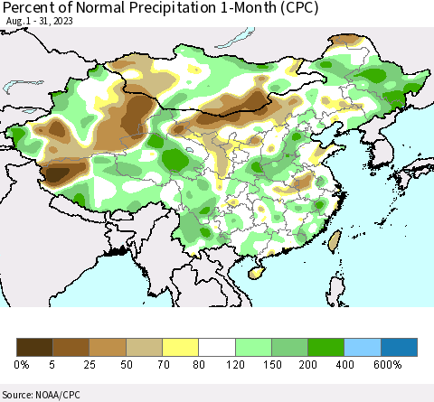 China, Mongolia and Taiwan Percent of Normal Precipitation 1-Month (CPC) Thematic Map For 8/1/2023 - 8/31/2023