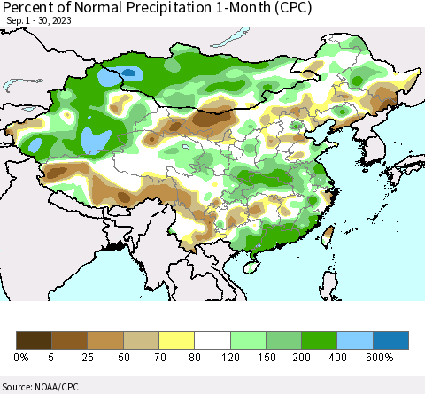 China, Mongolia and Taiwan Percent of Normal Precipitation 1-Month (CPC) Thematic Map For 9/1/2023 - 9/30/2023