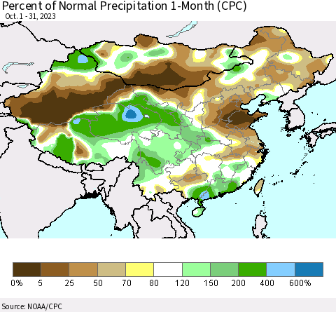 China, Mongolia and Taiwan Percent of Normal Precipitation 1-Month (CPC) Thematic Map For 10/1/2023 - 10/31/2023