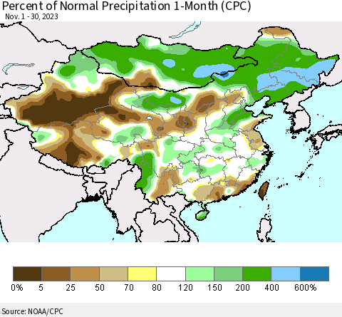 China, Mongolia and Taiwan Percent of Normal Precipitation 1-Month (CPC) Thematic Map For 11/1/2023 - 11/30/2023