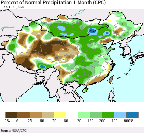 China, Mongolia and Taiwan Percent of Normal Precipitation 1-Month (CPC) Thematic Map For 1/1/2024 - 1/31/2024