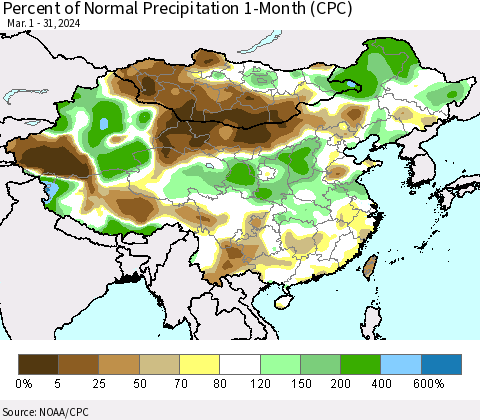 China, Mongolia and Taiwan Percent of Normal Precipitation 1-Month (CPC) Thematic Map For 3/1/2024 - 3/31/2024
