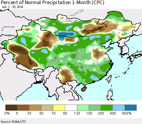 China, Mongolia and Taiwan Percent of Normal Precipitation 1-Month (CPC) Thematic Map For 4/1/2024 - 4/30/2024