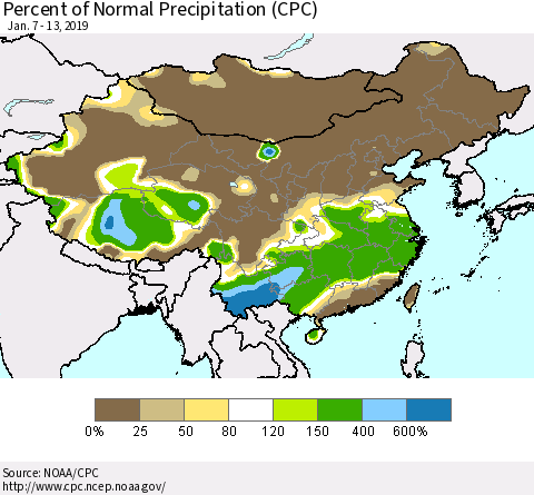China, Mongolia and Taiwan Percent of Normal Precipitation (CPC) Thematic Map For 1/7/2019 - 1/13/2019